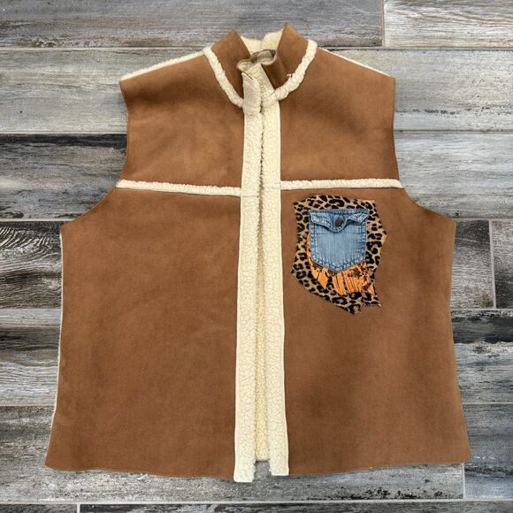 Beige Teddy Lined Faux Suede Vest with Leopard Print Upcycled Pocket Boho Chic - Picture 7 of 8